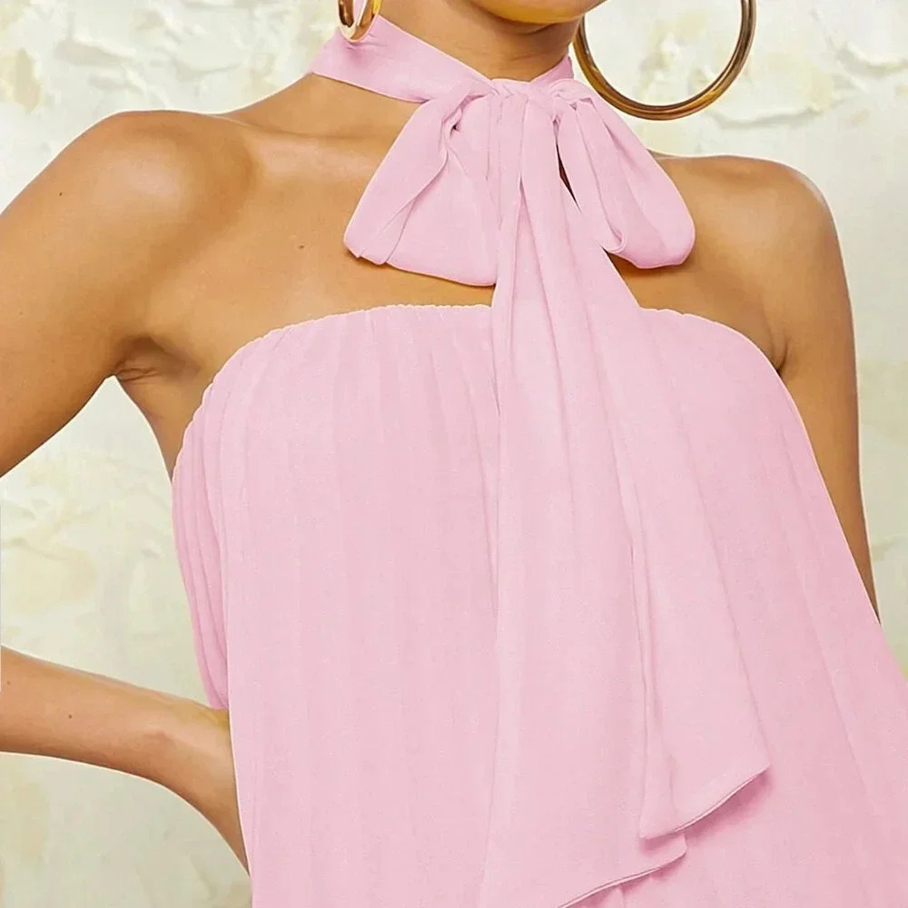 Pink Casual Women's Neck Tie Pleated Dress - Picture 3 of 8
